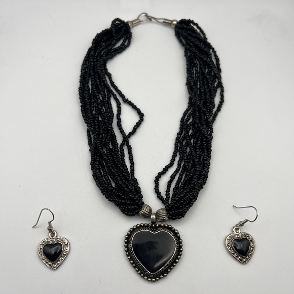 Vintage Multi-strand black beaded Necklace w/ Silver Heart Charm/Earrings Set - Picture 1 of 5